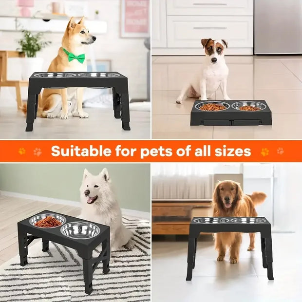 4 Heights Adjustable Dog Bowl Stand with Food Bowl And No Spill Water Bowl for Medium And Large Dogs