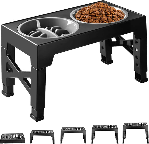 4 Heights Adjustable Dog Bowl Stand with Food Bowl And No Spill Water Bowl for Medium And Large Dogs